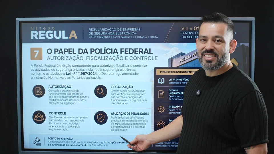 O Diego Ferreira gravando a Aula 01 do Método REGULA, na frente do slide sobre o papel da Polícia Federal